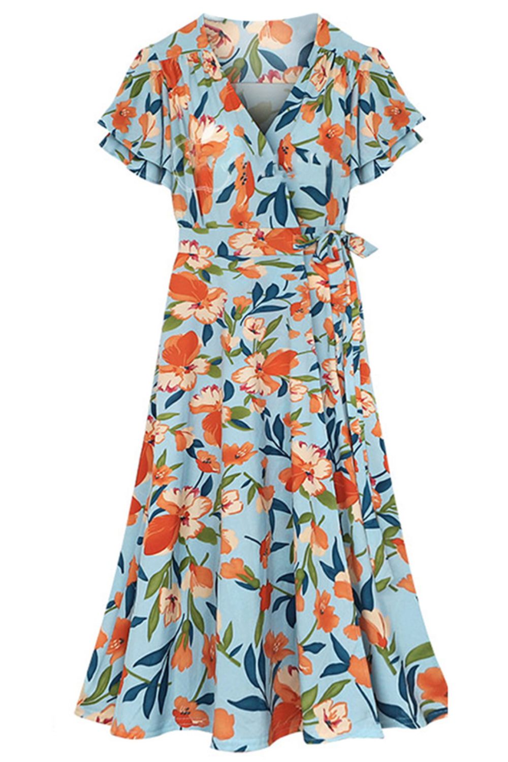 Plus Size Floral Surplice Neck Flutter Sleeve Dress