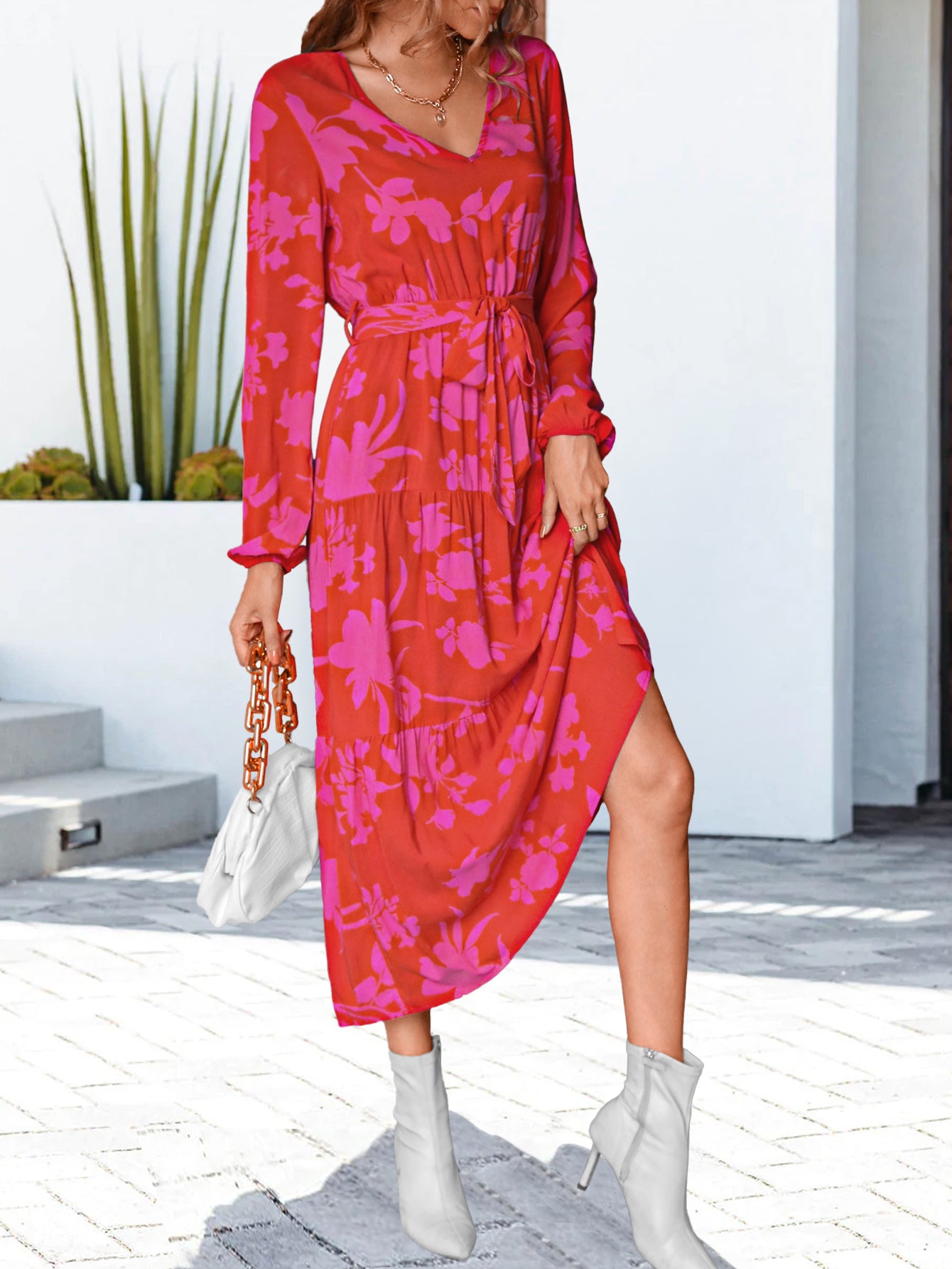 Floral V-Neck Long Sleeve Dress