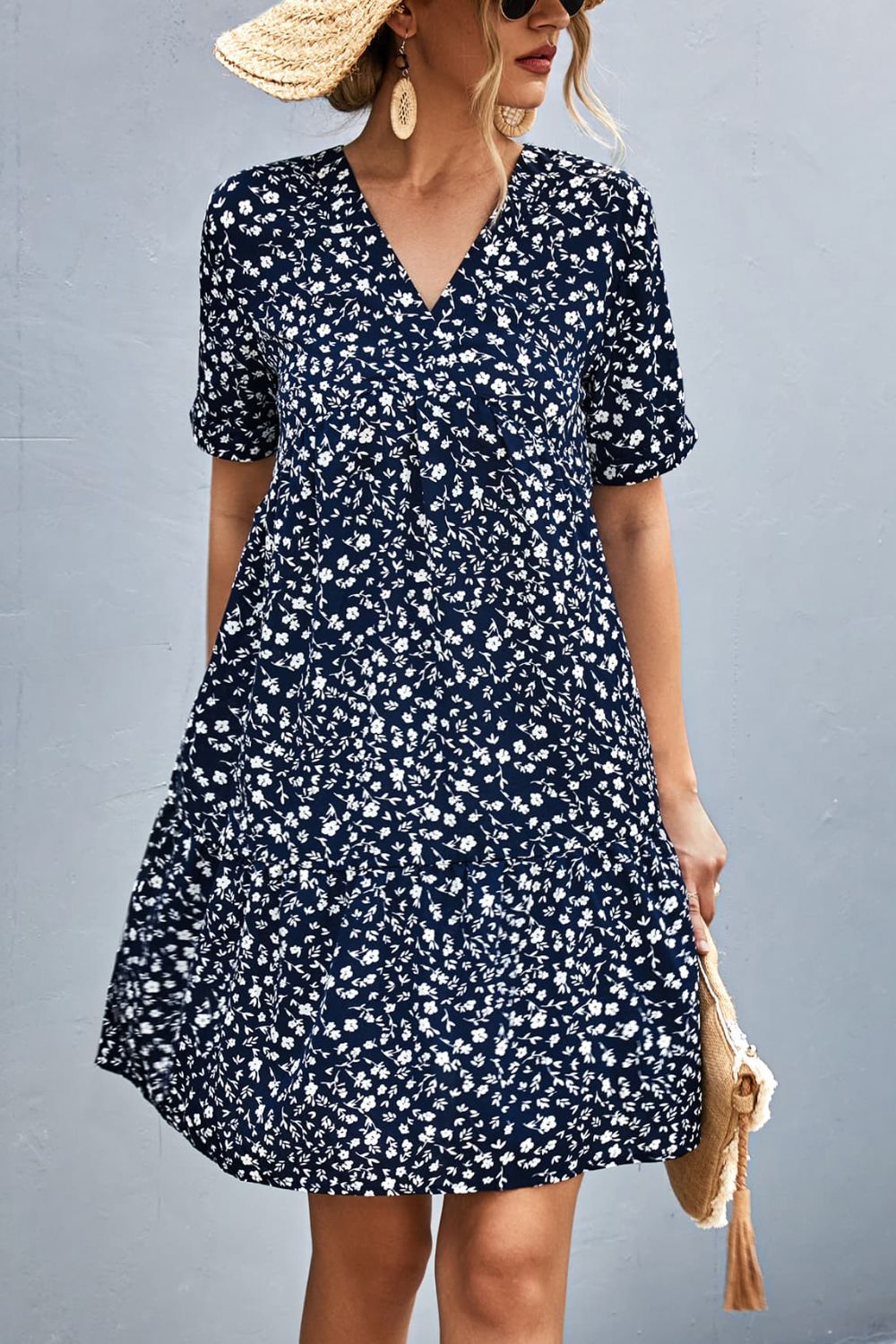 Ditsy Floral Empire Waist Plunge Short Sleeve Dress