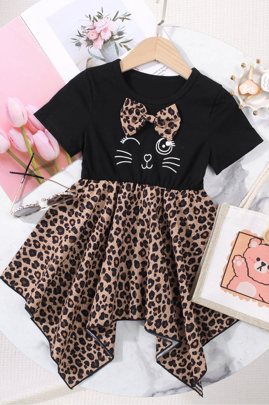 Girls Leopard Graphic Handkerchief Hem Spliced Dress