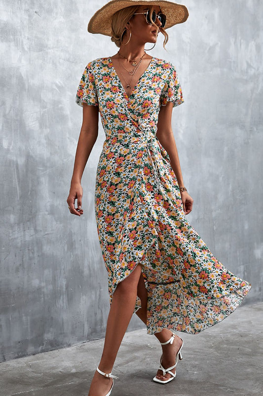 Floral Surplice Neck Tied Midi Dress