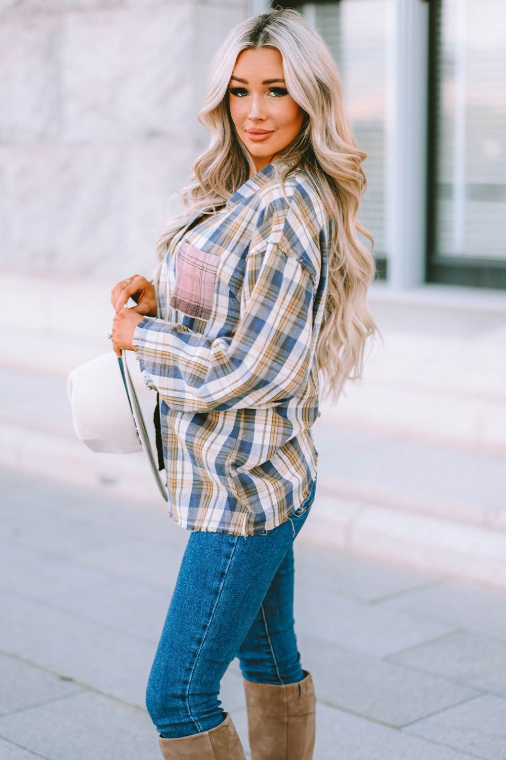 Double Take Plaid Raw Hem Dropped Shoulder Johnny Collar Shirt