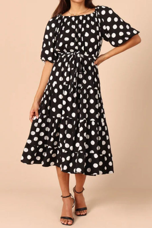 Polka Dot Tie Waist Midi Dress