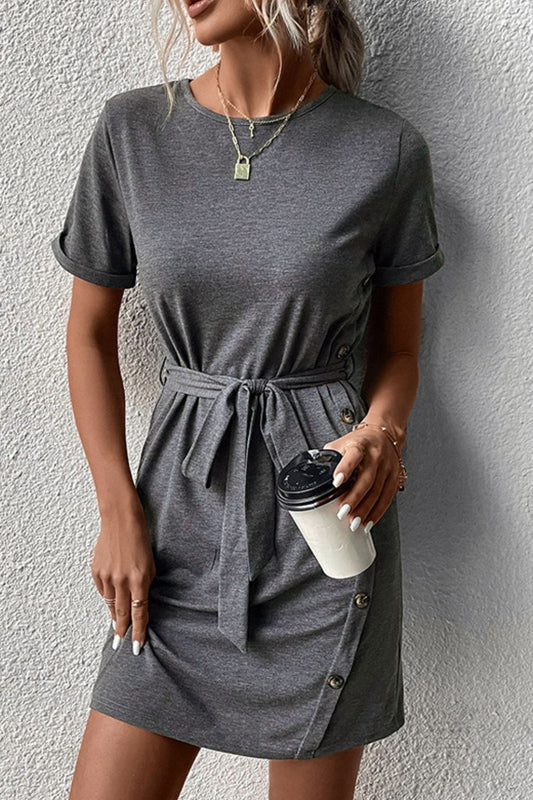 Decorative Button Tie-Waist Cuffed Sleeve Tee Dress