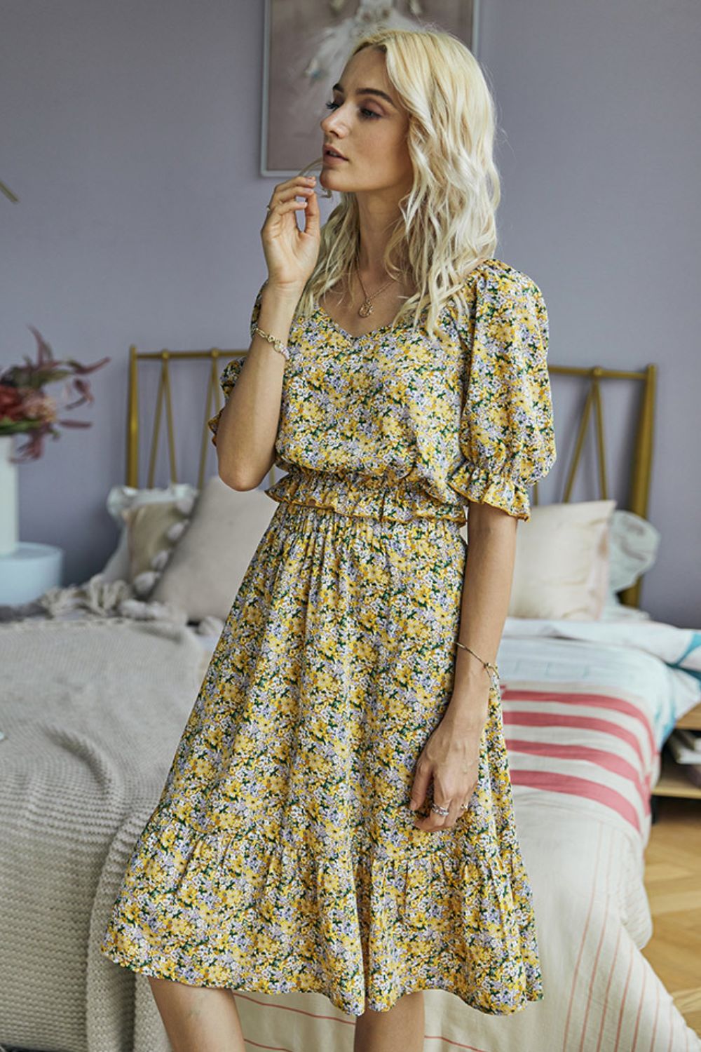 Floral V-Neck Flounce Sleeve Top and Skirt Set