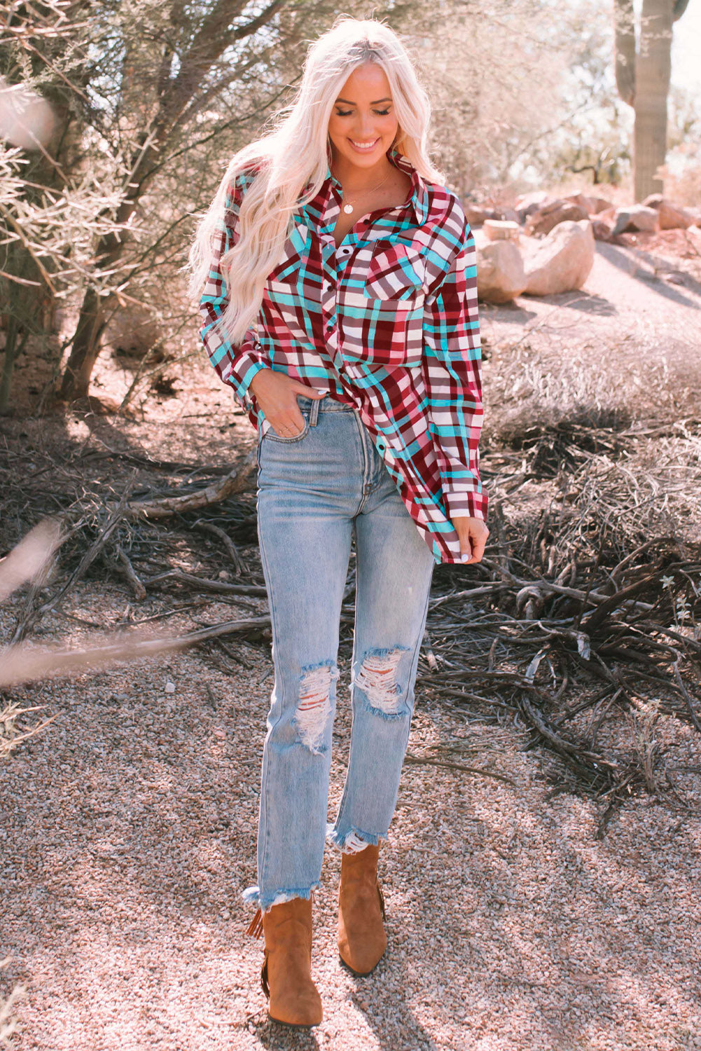 Plaid Button-Up Longline Shirt