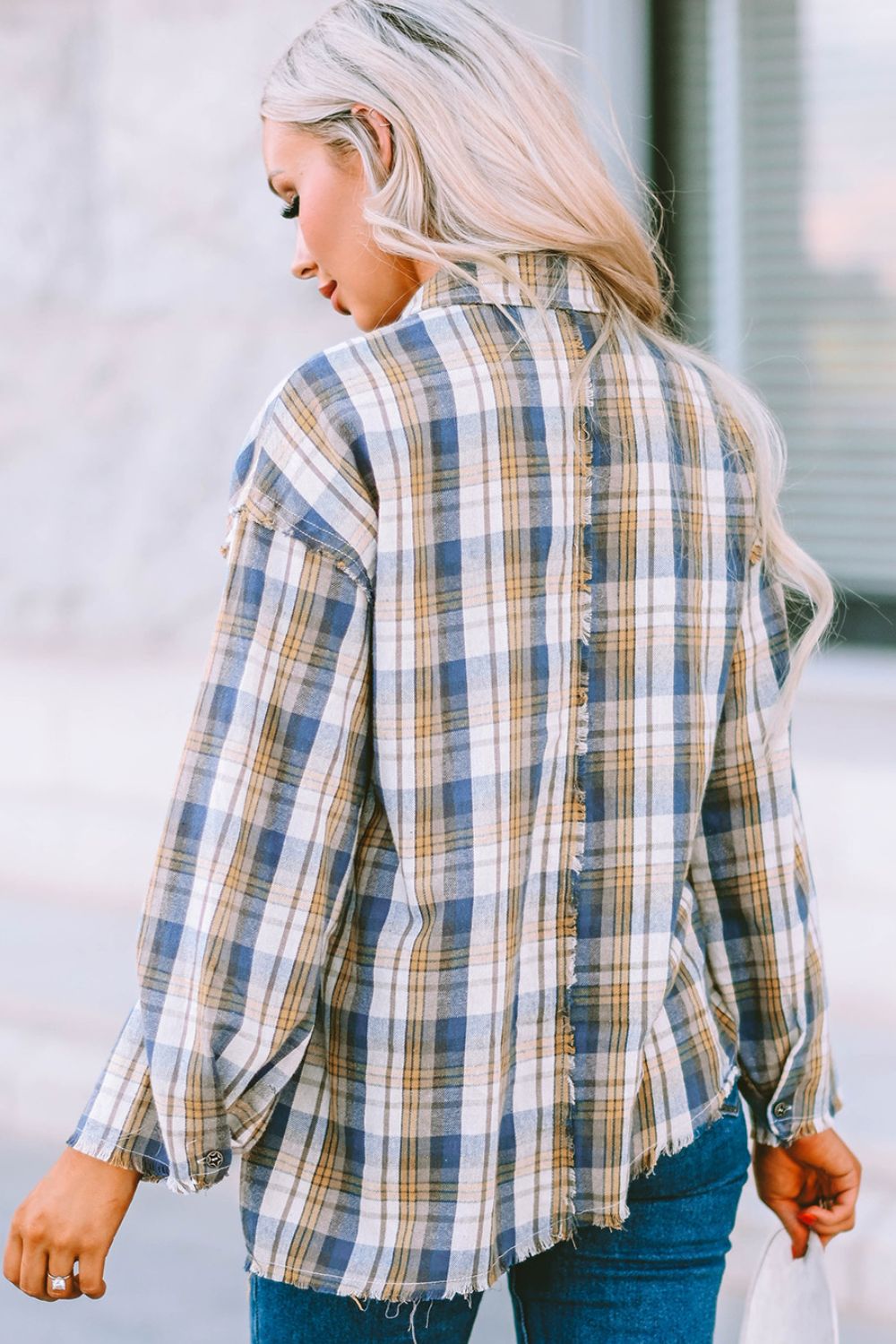 Double Take Plaid Raw Hem Dropped Shoulder Johnny Collar Shirt