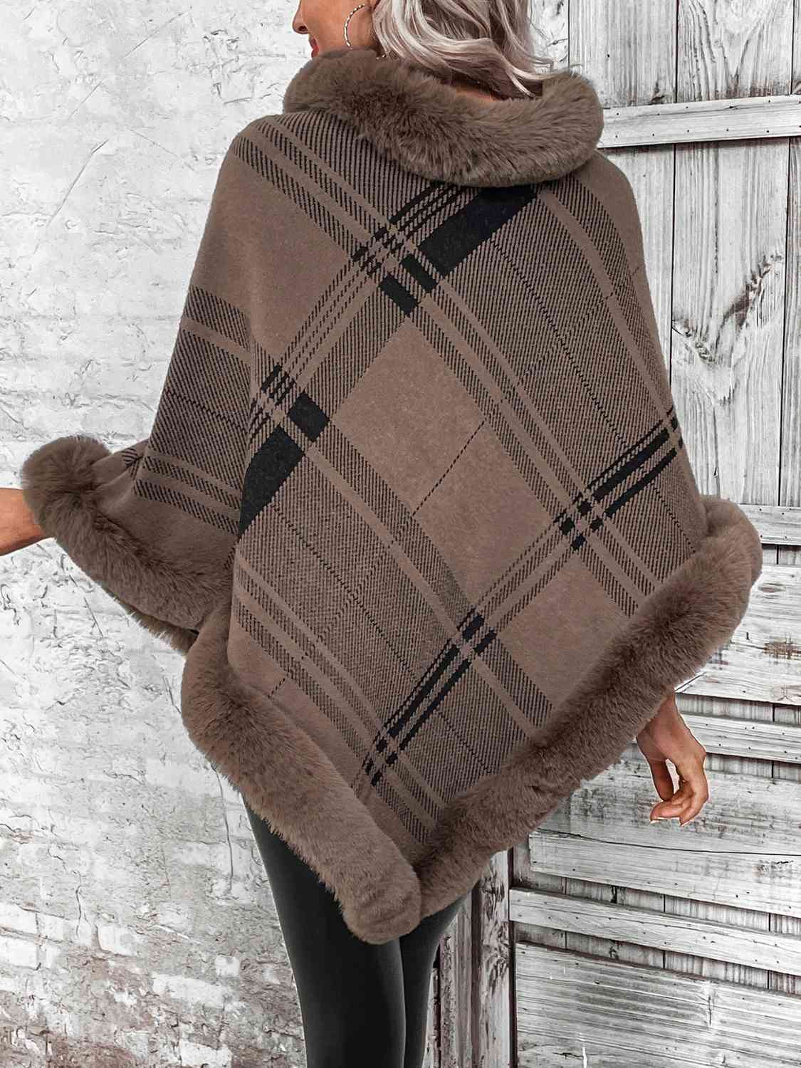 Plaid Faux Fur Trim Poncho