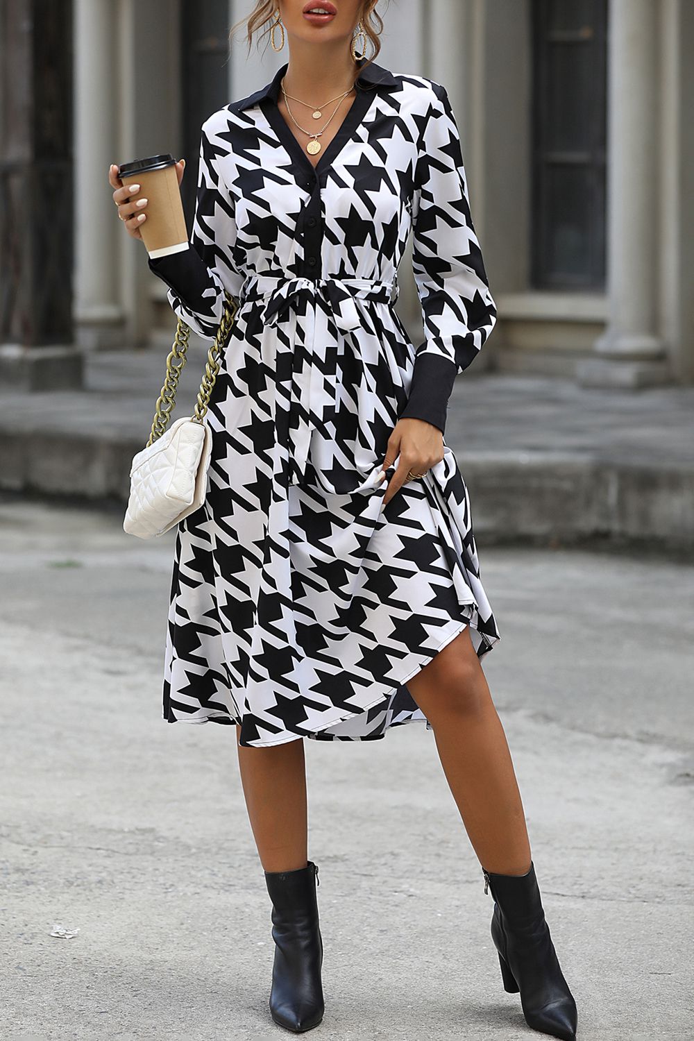 Houndstooth Johnny Collar Tie Waist Dress