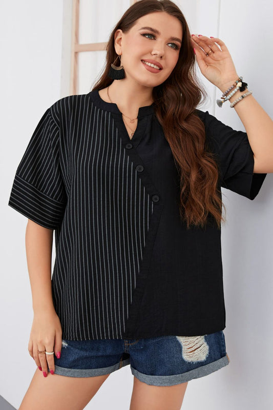 Plus Size Striped Notched Neck Half Sleeve Top