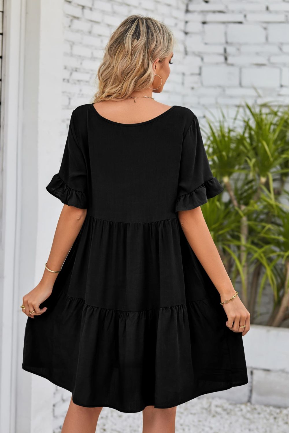 V-Neck Flounce Sleeve Tiered Dress