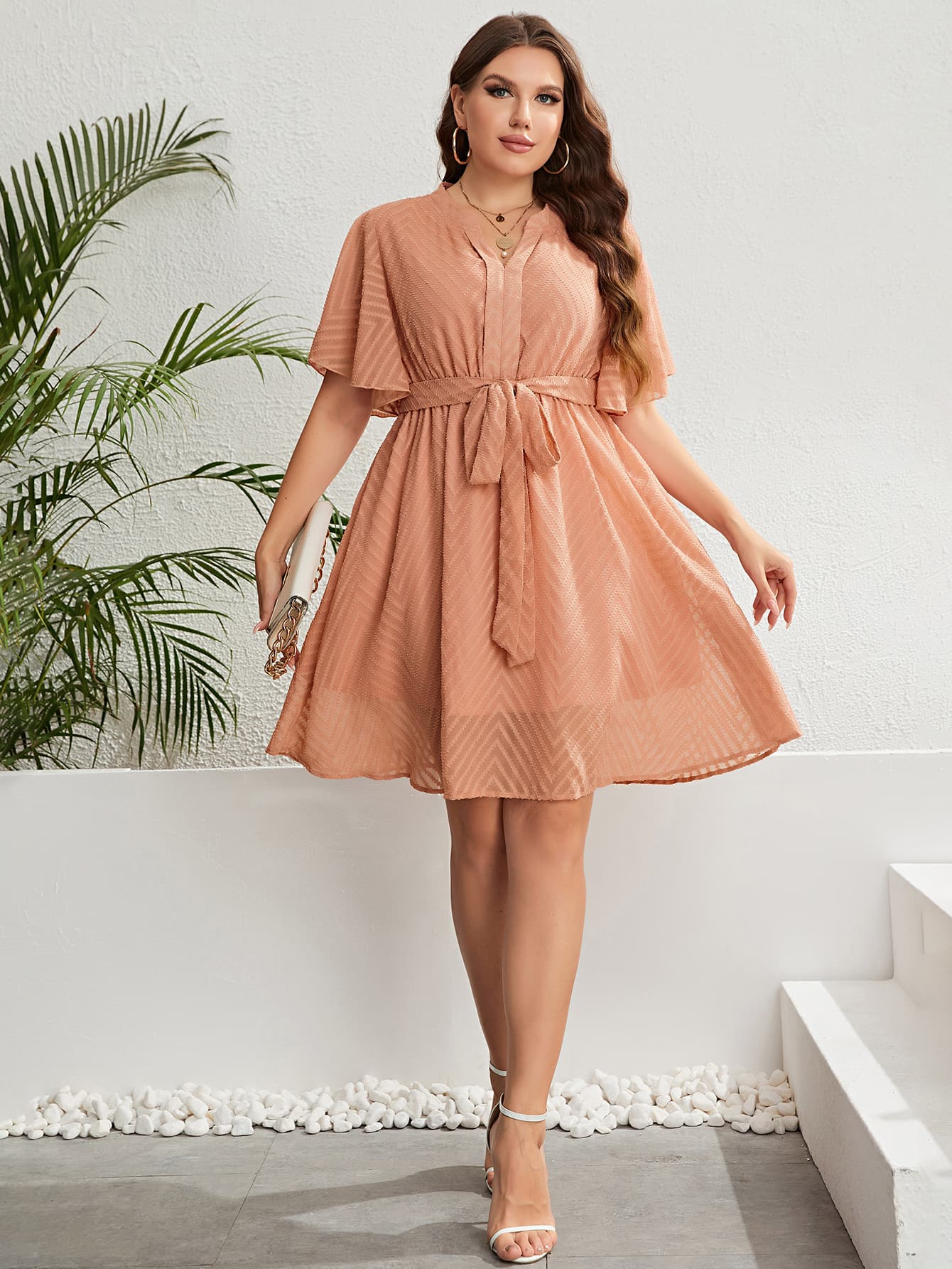 Plus Size Tie Waist Notched Neck Flutter Sleeve Dress