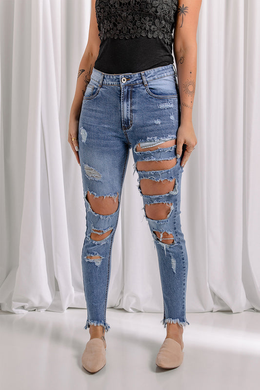 Distressed Raw Hem Skinny Jeans