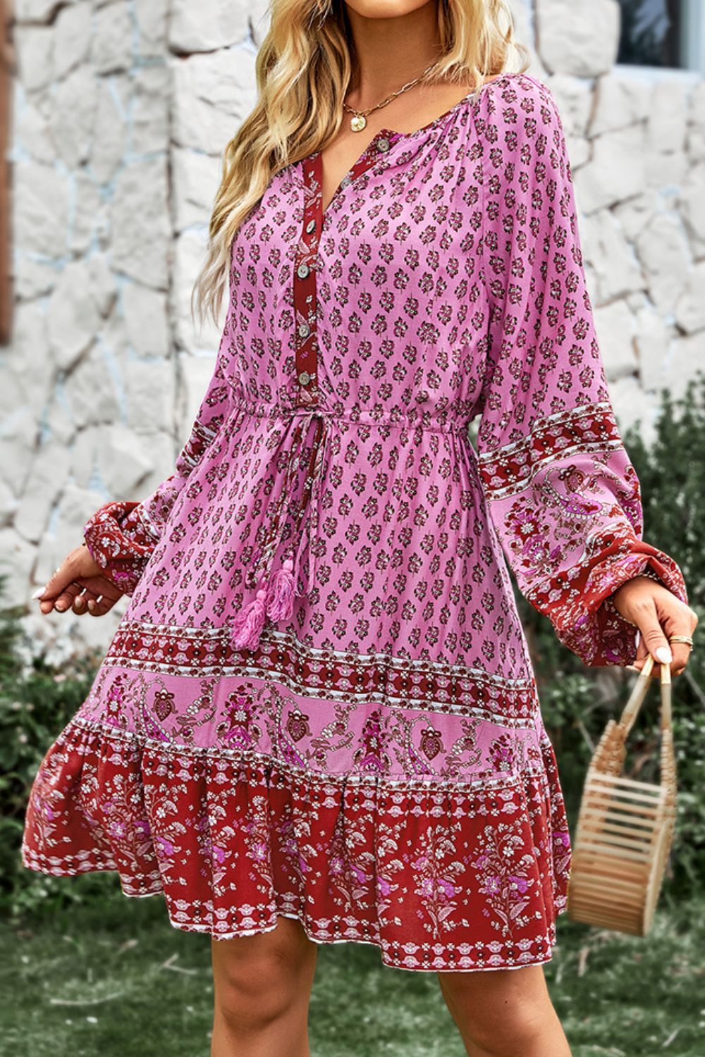 Bohemian Drawstring Waist Balloon Sleeve Dress