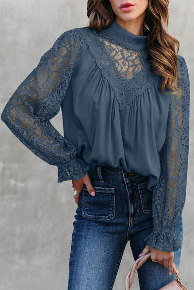 Lace Detail Mock Neck Flounce Sleeve Blouse