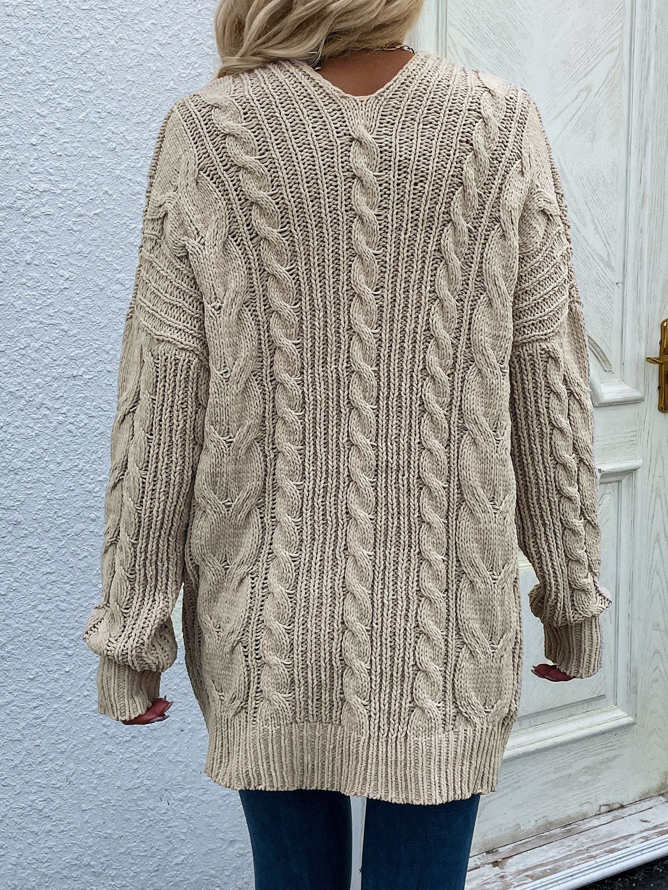 Cable-Knit Open Front Cardigan with Front Pockets