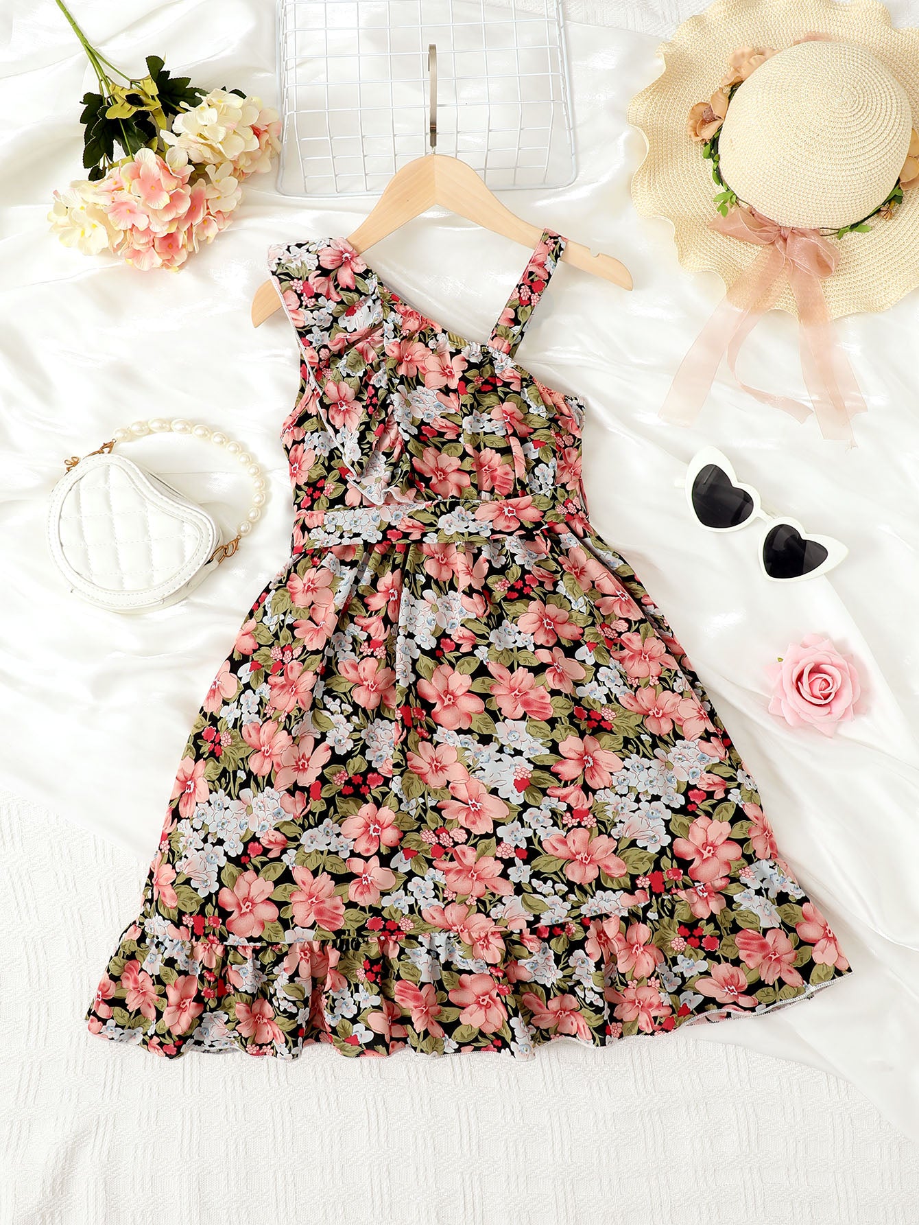 Floral Asymmetrical Neck Ruffled Dress