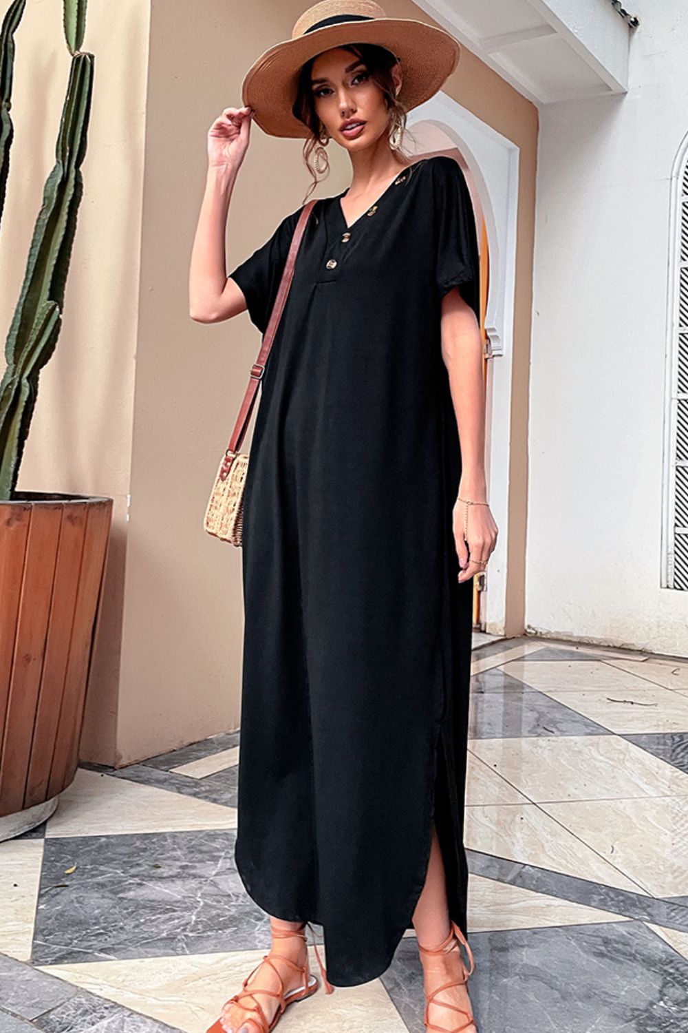 Decorative Button V-Neck Slit Maxi Dress