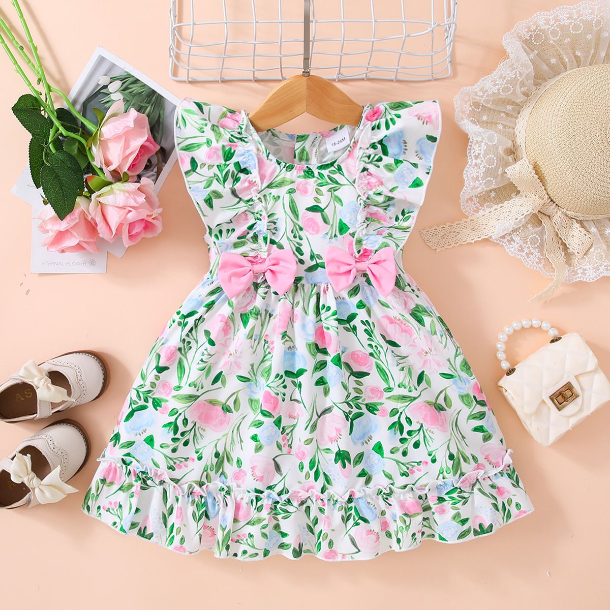 Girls Floral Bow Detail Frill Trim Dress