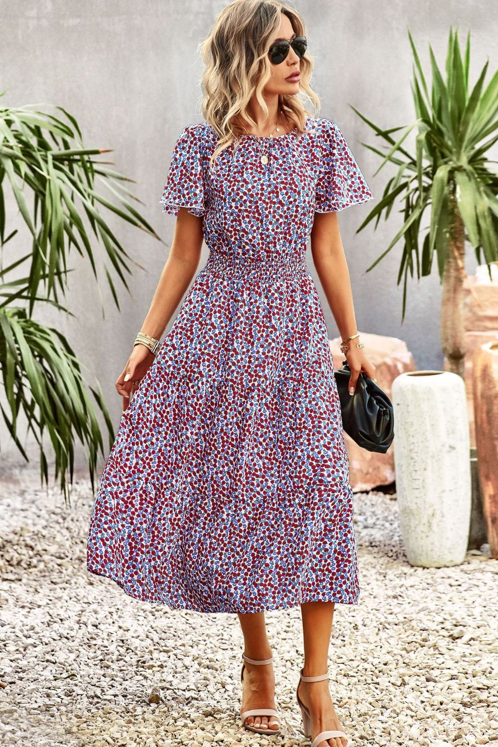 Floral Puff Sleeve Tiered Midi Dress