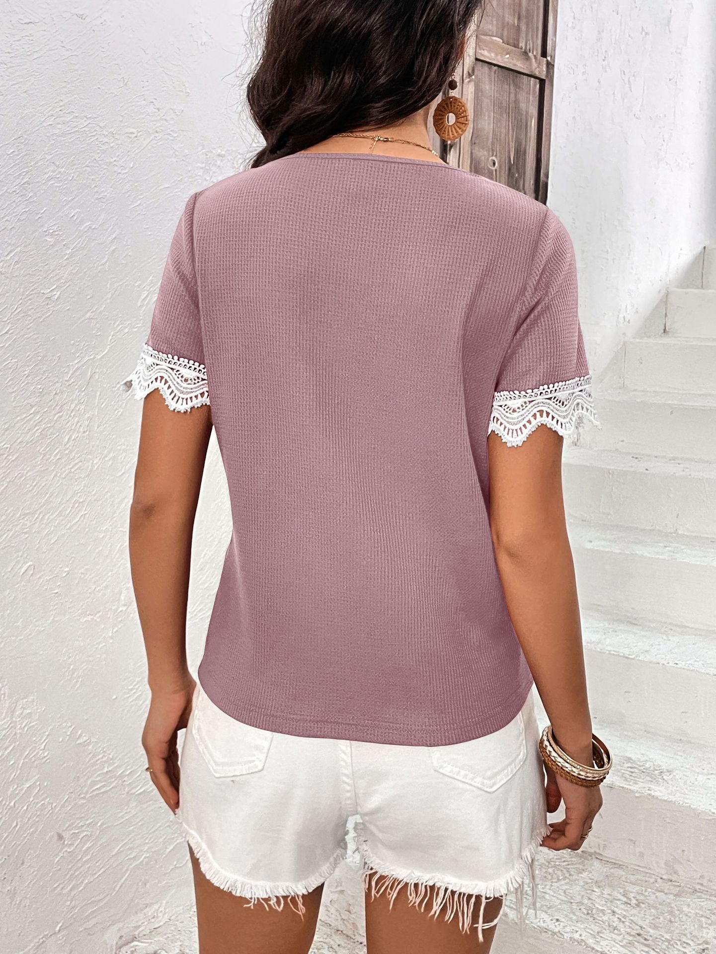 Decorative Button Spliced Lace Short Sleeve Top