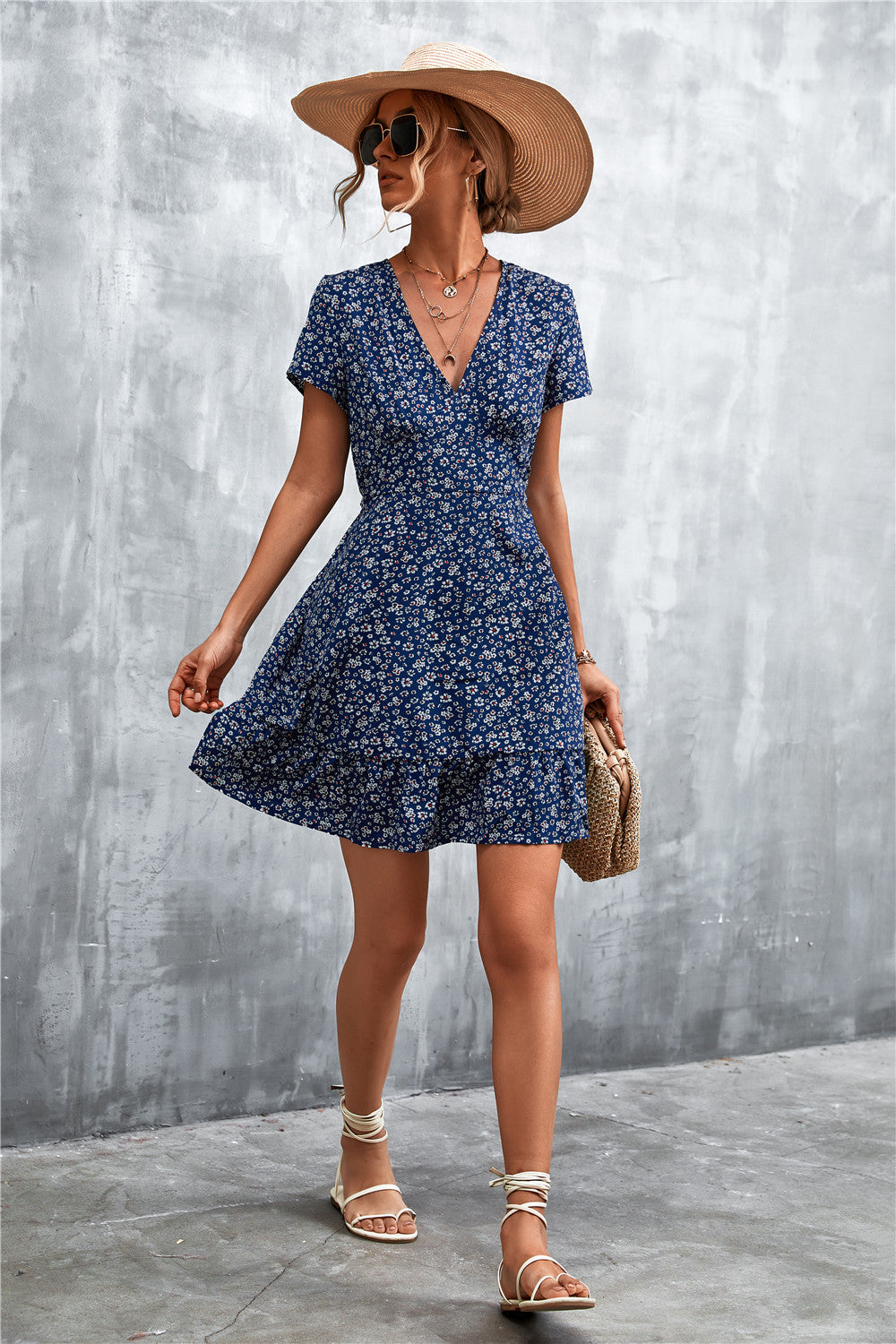 Ditsy Floral V-Neck Short Sleeve Dress