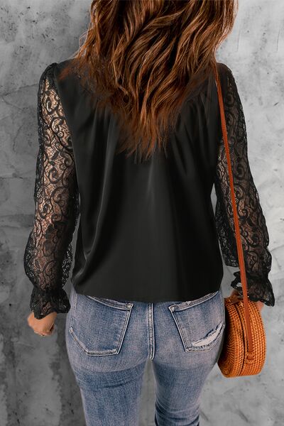 Lace Detail Mock Neck Flounce Sleeve Blouse