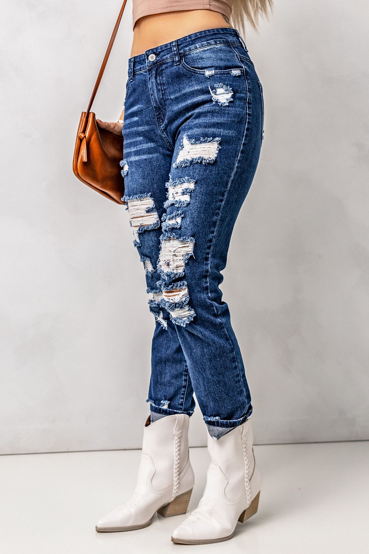 Distressed High Waist Jeans with Pockets