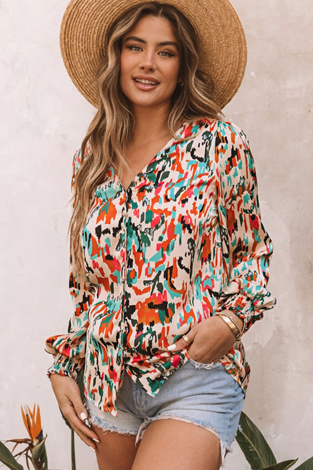 Multicolored V-Neck Lantern Sleeve Shirt