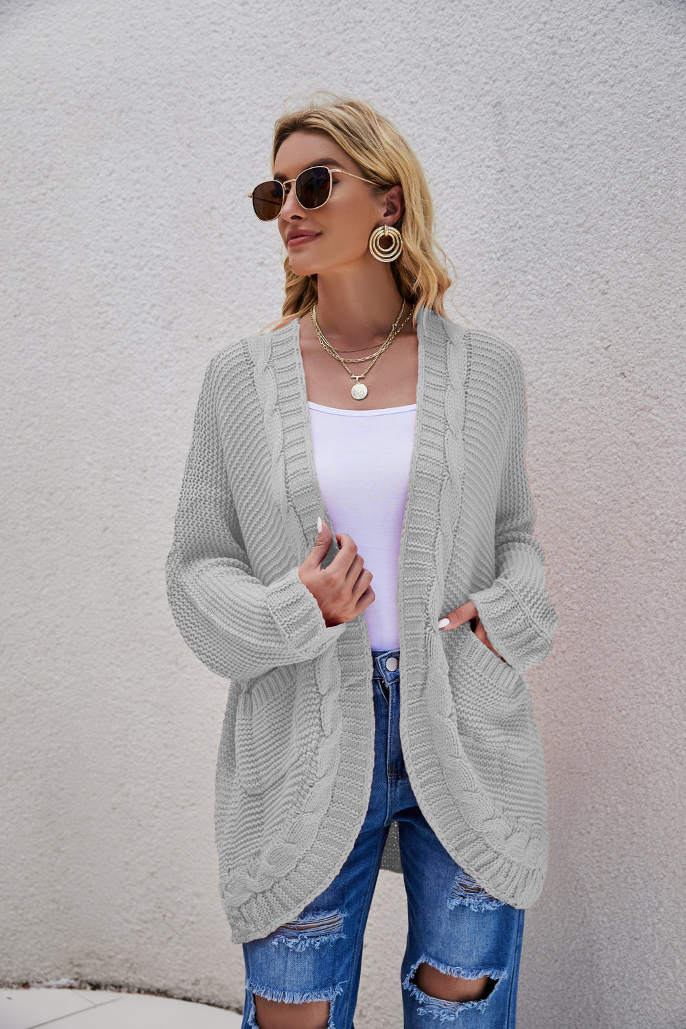 Cable-Knit Curved Hem Open Front Cardigan