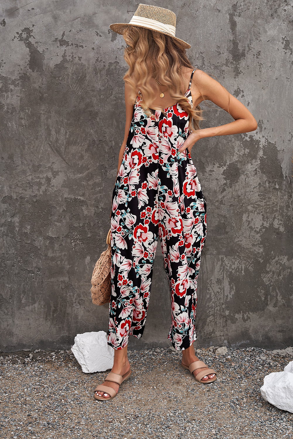 Botanical Print Spaghetti Strap Cropped Jumpsuit