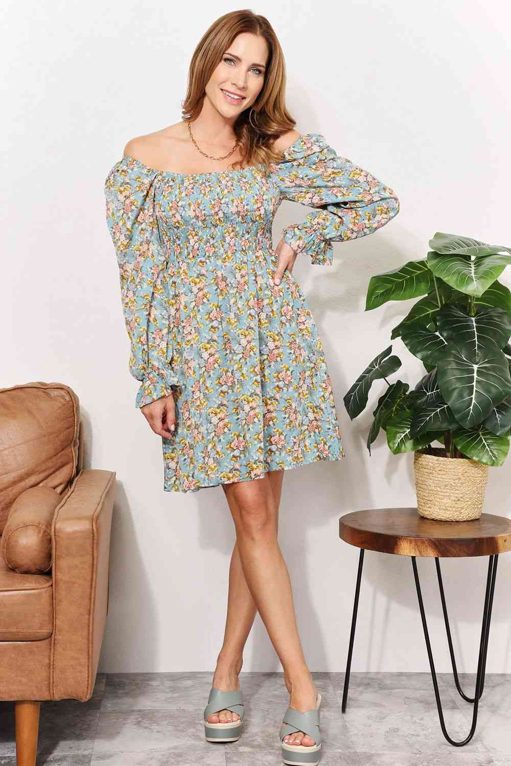 Double Take Floral Smocked Flounce Sleeve Square Neck Dress