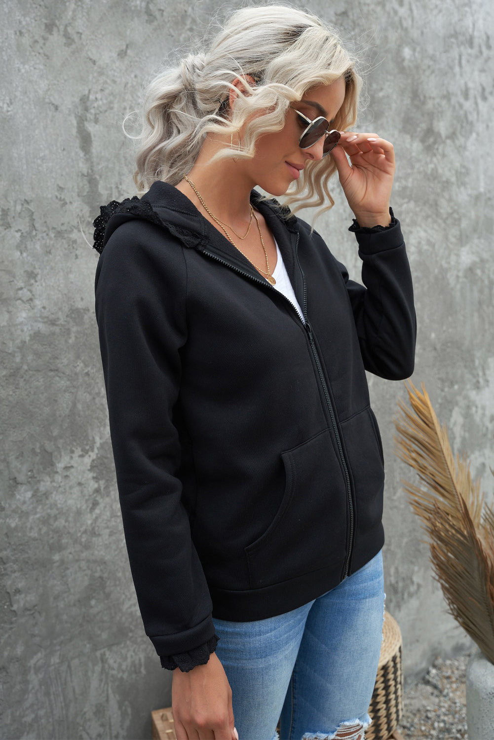 Lace Trim Zip-Up Hooded Jacket