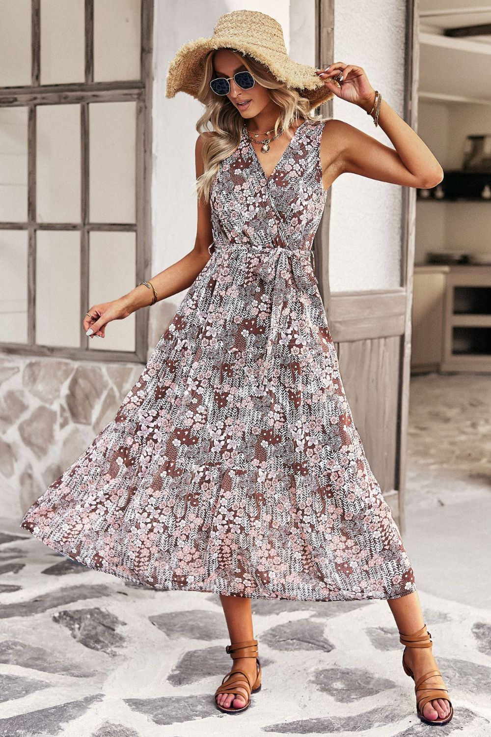 Floral Belted Surplice Sleeveless Tiered Dress