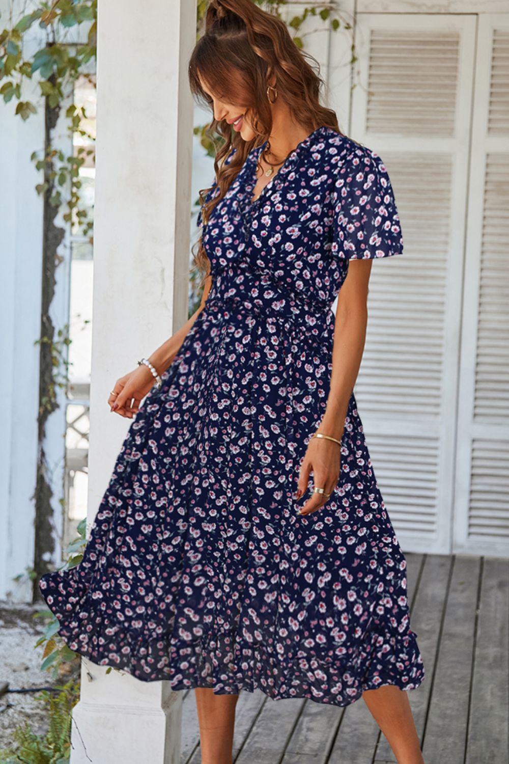 Floral Frill Trim V-Neck Ruffle Hem Dress