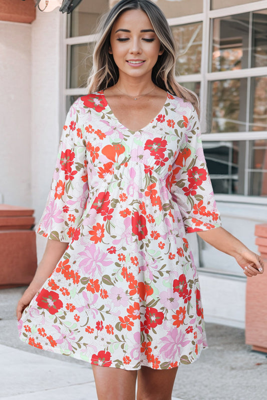 Floral V-Neck Three-Quarter Sleeve Mini Dress