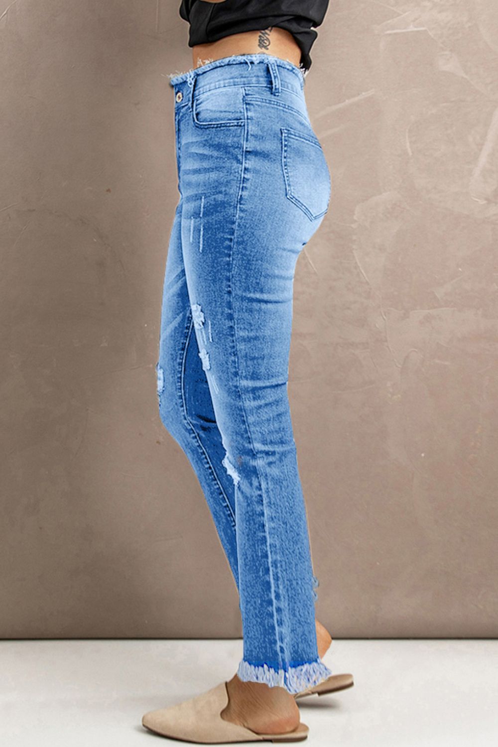 High Waist Distressed Raw Hem Jeans