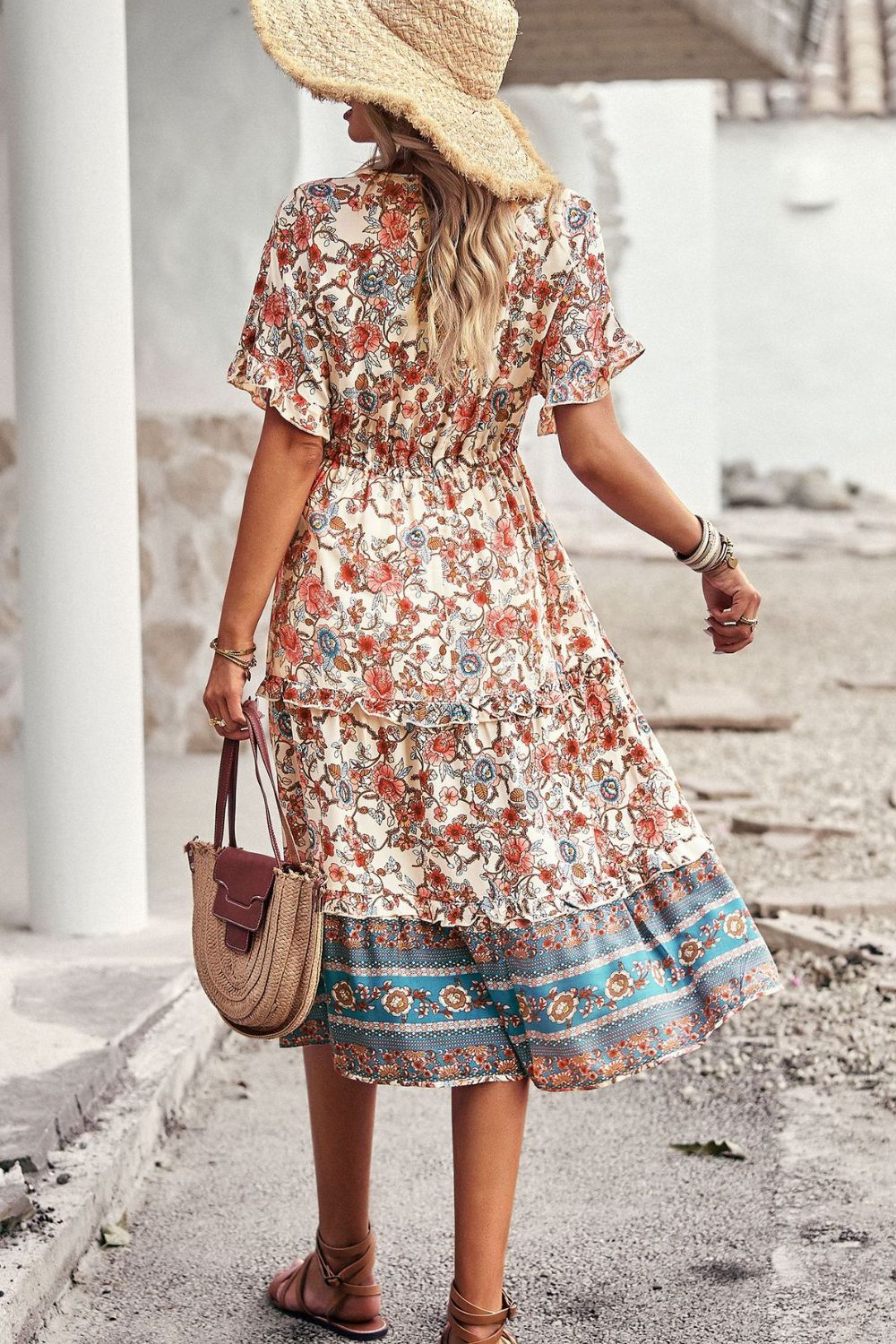 Drawstring V-Neck Short Sleeve Midi Dress