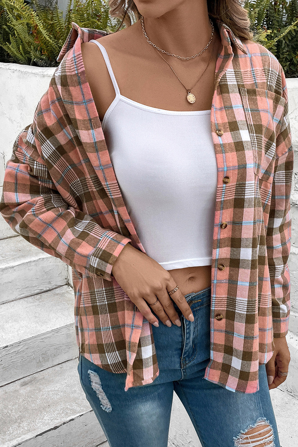 Plaid Collared Neck Long Sleeve Button-Up Shirt