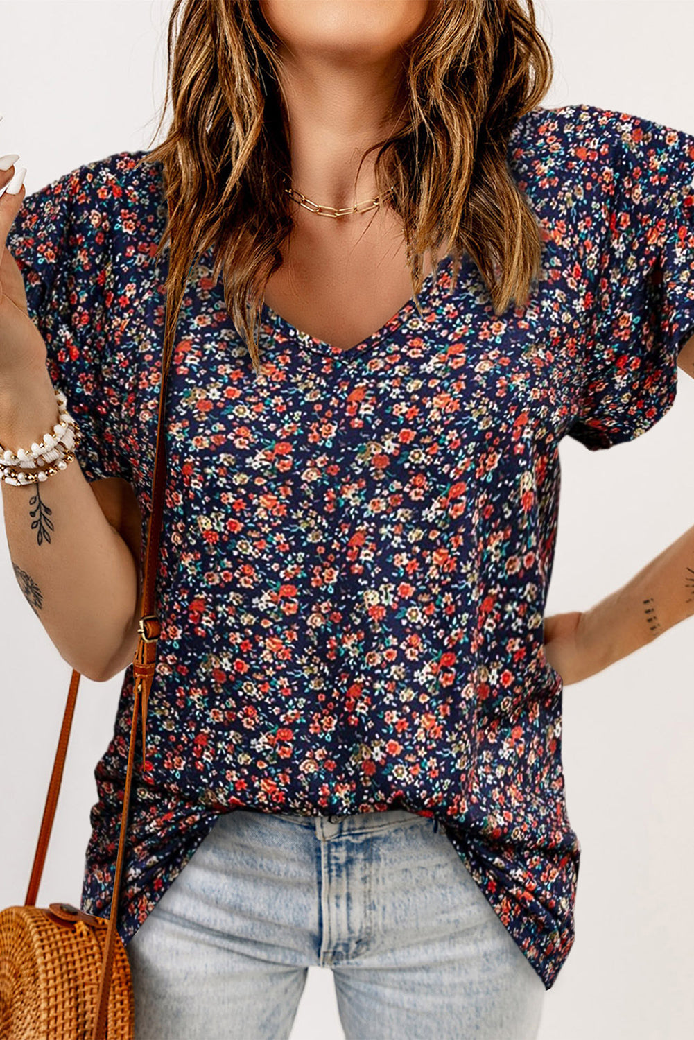 Floral Flutter Sleeve V-Neck Blouse