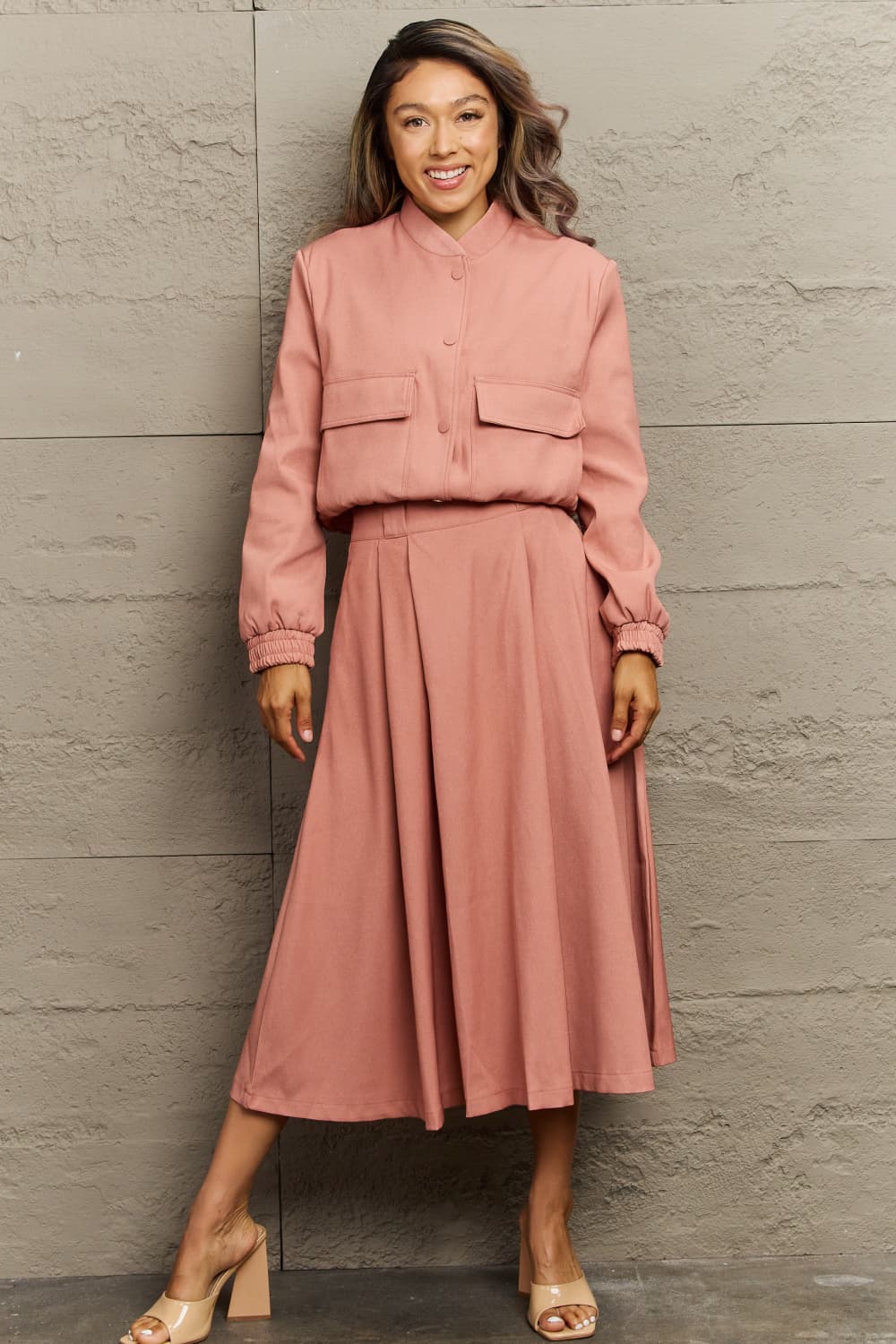 Long Sleeve Jacket and Midi Skirt Set