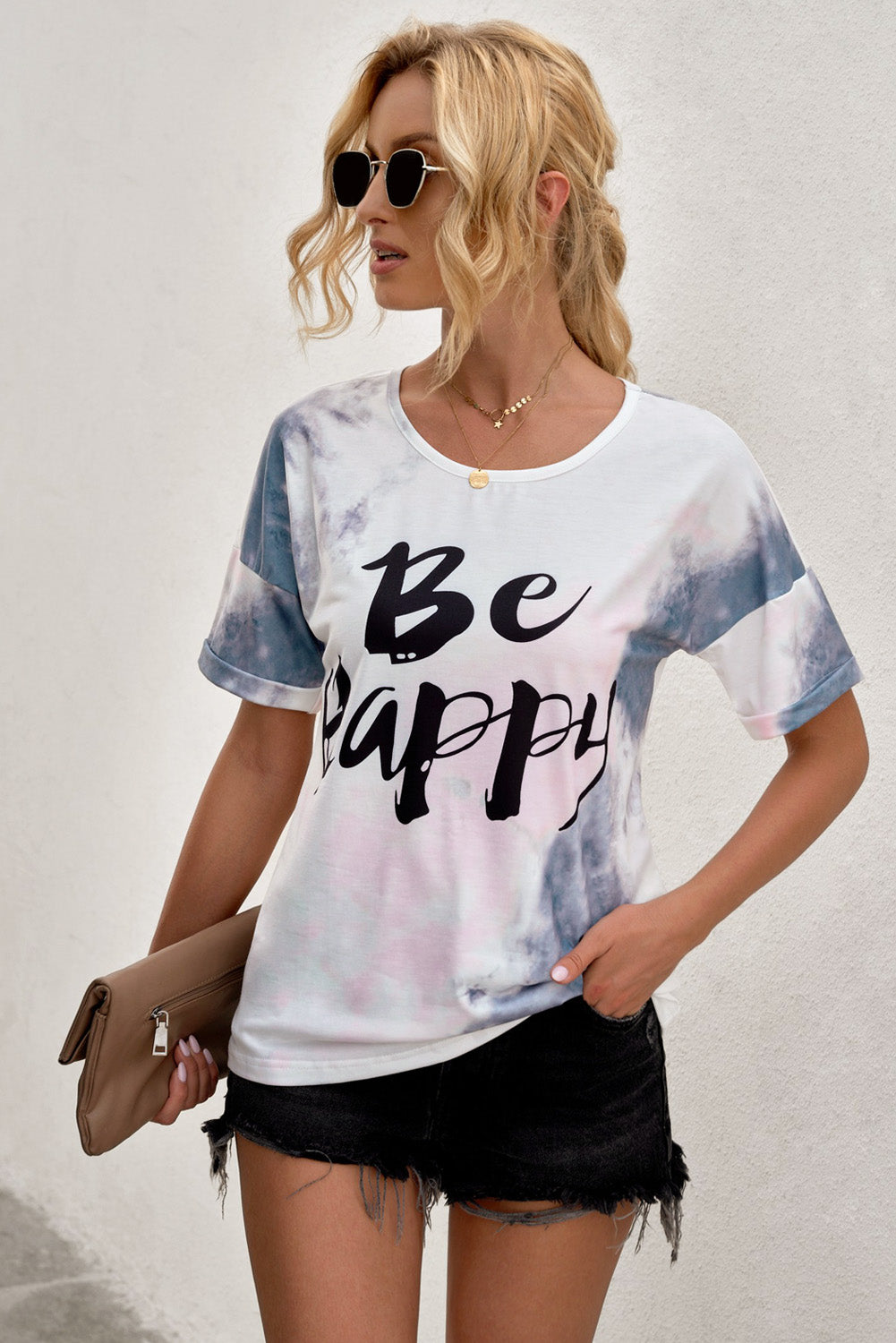 BE HAPPY Graphic Round Neck Tee