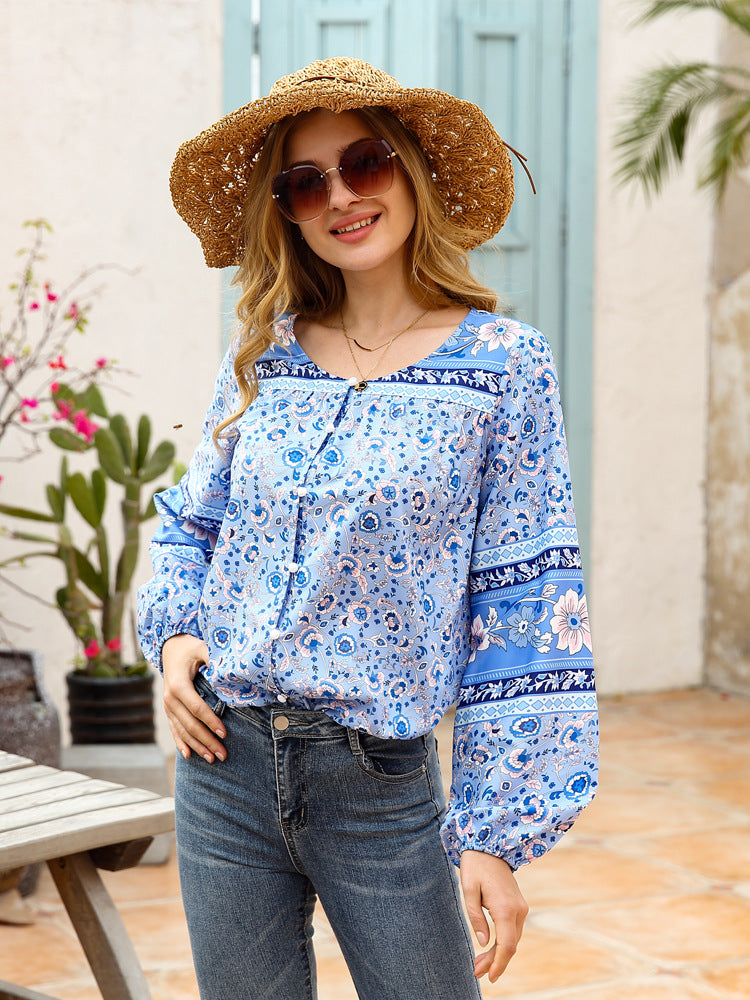 Full Size Bohemian Round Neck Balloon Sleeve Shirt