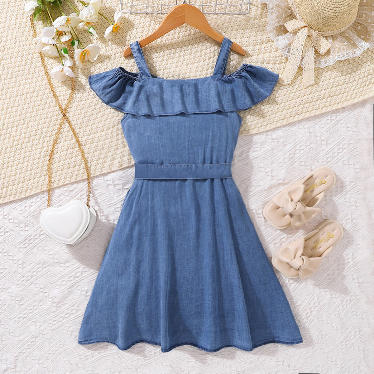 Girls Cold-Shoulder Buttoned Denim Dress