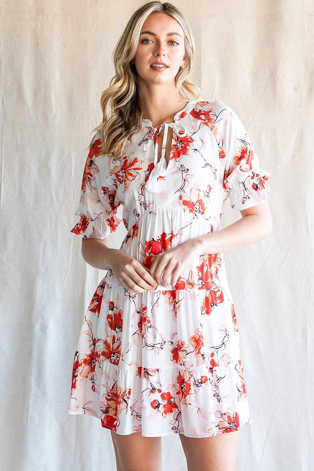 Floral Tie Neck Flounce Sleeve Tiered Mini Dress