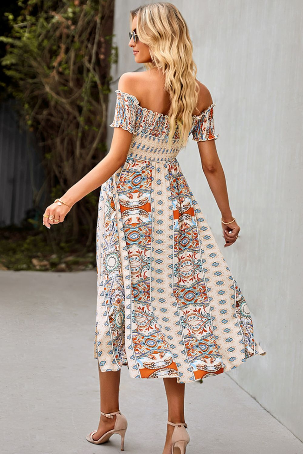 Bohemian Off-Shoulder Frill Trim Split Dress