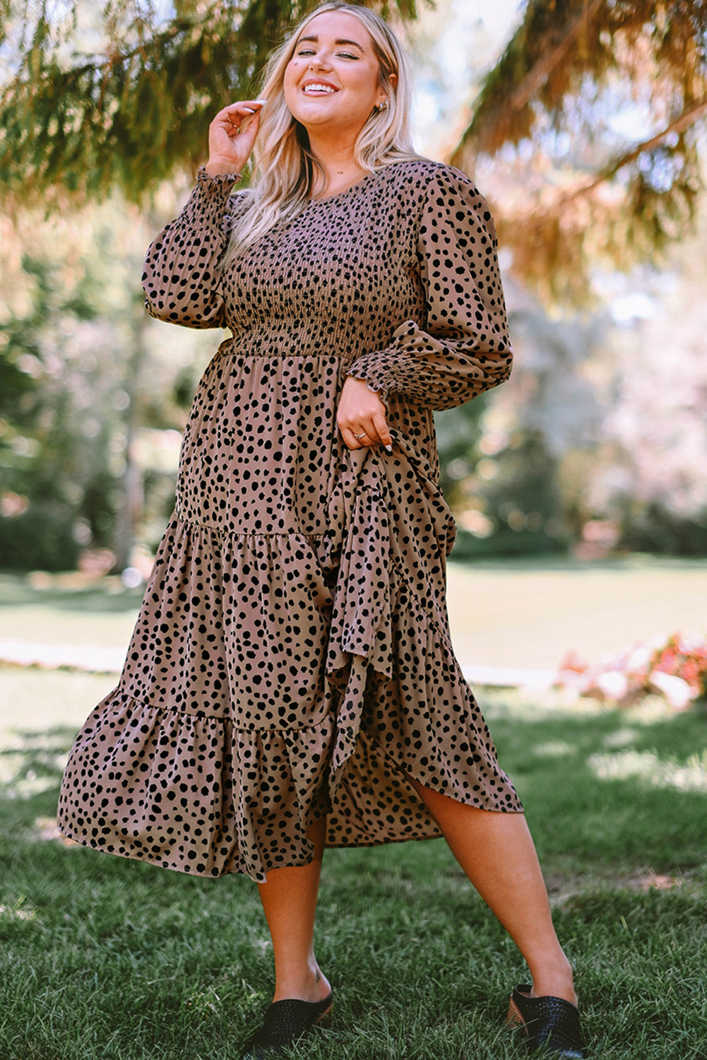 Plus Size Animal Print Smocked Tiered Dress