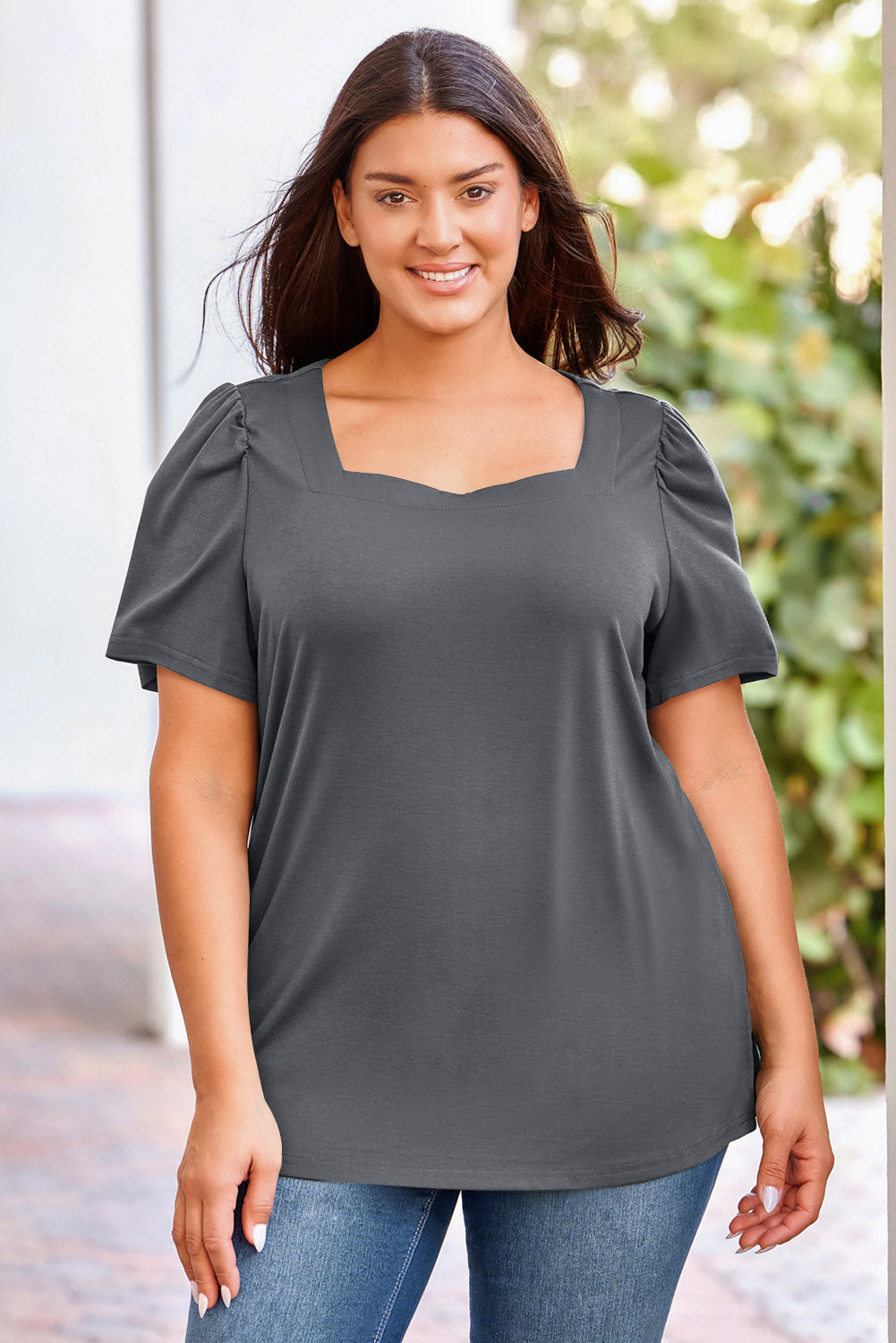 Plus Size Square Neck Puff Sleeve Tee