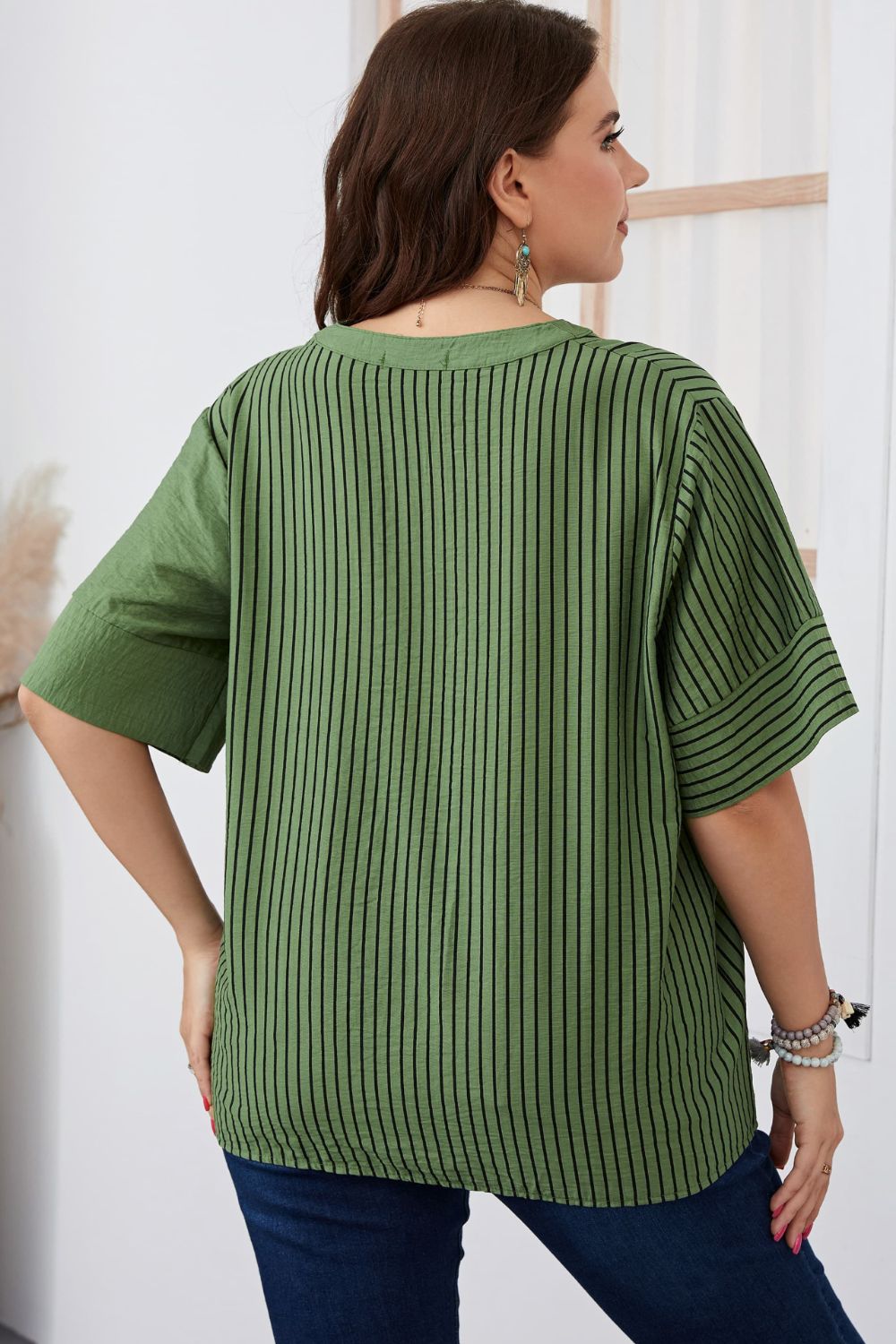 Plus Size Striped Notched Neck Half Sleeve Top