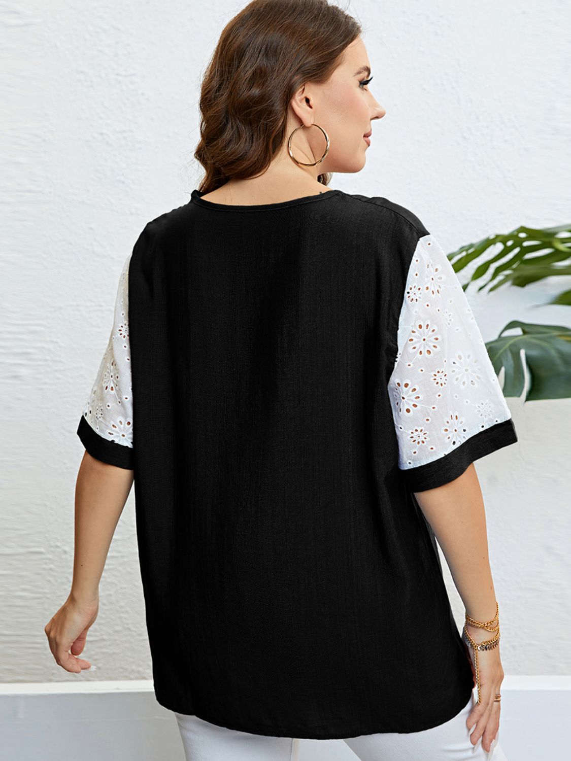 Plus Size Contrast Decorative Button Half Sleeve Top